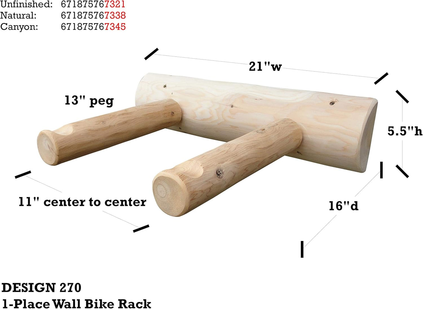 1-Place Wall-Mounted Bike Log Rack, Road Bike Wall Mount Hook, Bicycle Hangers for Garage Wall Racks, Bicycle Hooks for Hanging, Indoor Storage Garage Hooks for Bikes - Unfinished