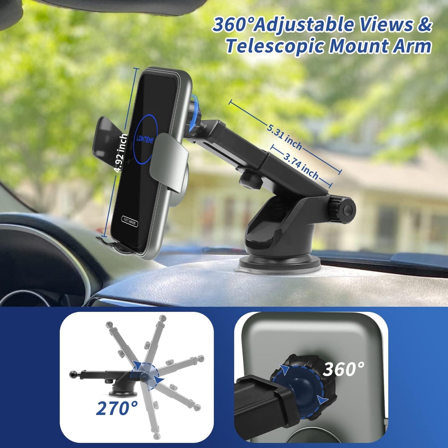 15W Fast Car Mount Charger, Charging Wireless Car Charger Phone Mount Phone Stand, Car Charger for iPhone 15 14 13 12 11 Pro Max, Samsung etc Windshield Dashboard Air Vent Auto Clamping Phone Holder