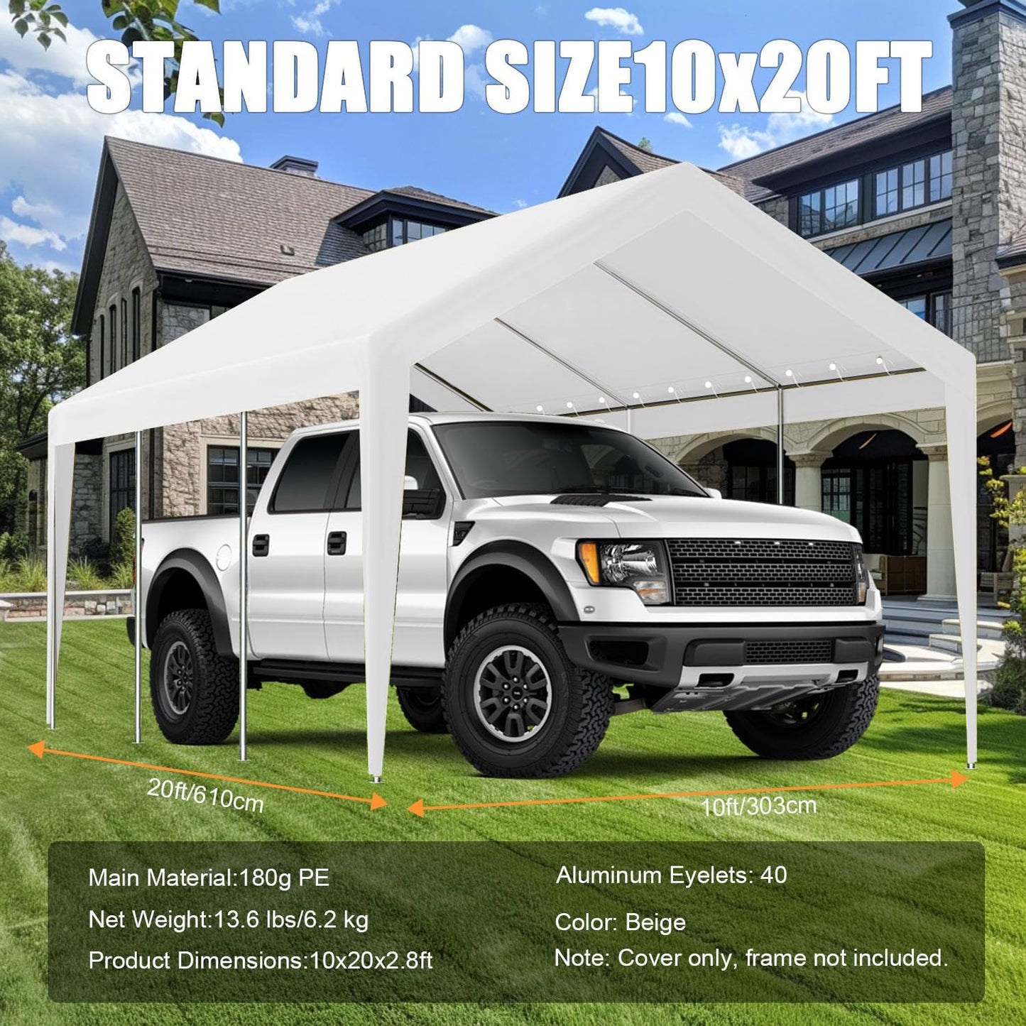 10'x20' Canopy Replacement Cover, Beefull Carport Replacement Canopy for Car Garage, Waterproof & UV Protected Tarp with Ball Bungees, White (Frame is not Included)