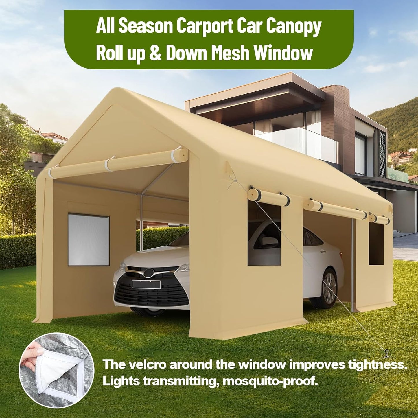 10 x 20FT Heavy Duty Carport with Roll-Up Windows, Portable Garage with Removable Sidewalls & Doors, Portable Car Tent Garage with Roll-Up Windows and All-Season Tarp, for Car, Truck,