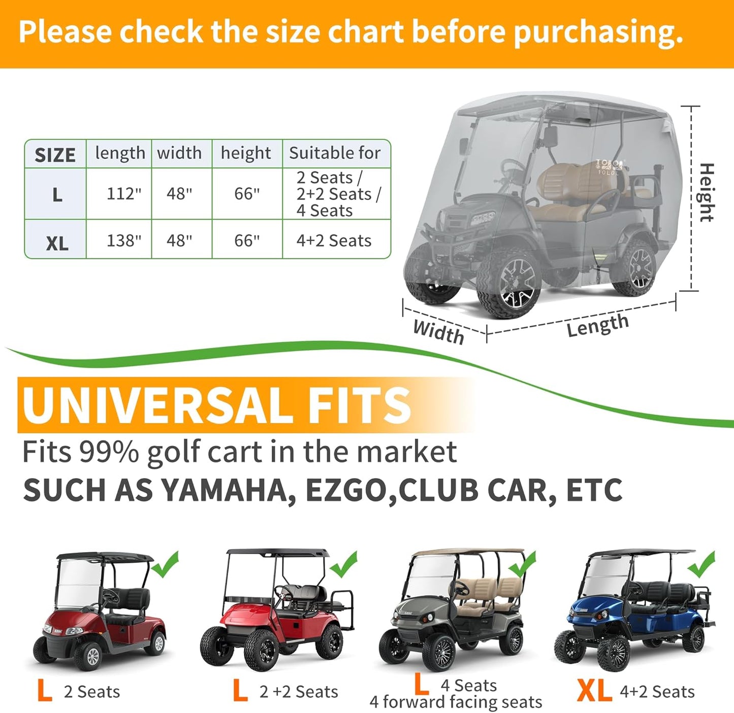 10L0L Heavy Duty Golf Cart Cover for 2/4 Passengers EZGO, Club Car and Yamaha, All Weather Outdoor Protection Weatherproof
