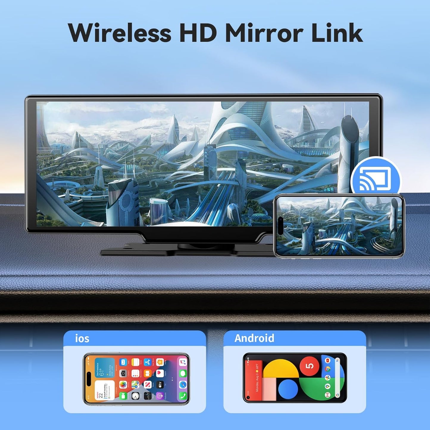 10.26" HD Wireless Car Stereo for Carplay & Android Auto, Portable Touch Screen for Car, 4K Dash Cam, 1080P Backup Camera, Bluetooth, AUX/FM, Googel, Siri, Mirror Link, GPS Navigation