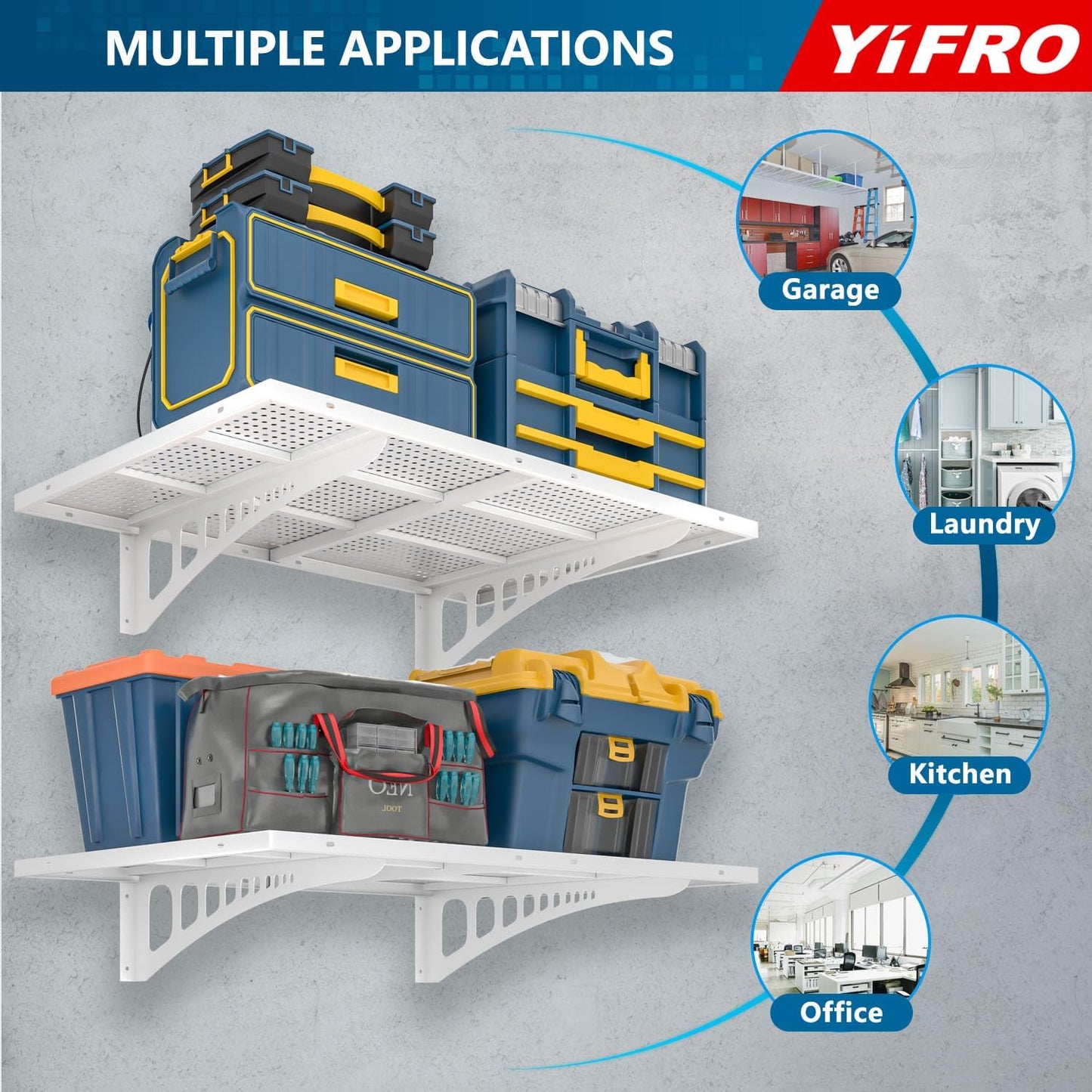 2-Pack 2x3ft Heavy Duty Garag e Wall Shelving, 500 lbs Load Capacity, Garage Shelving Wall Mounted, Garage Storage Rack with Hooks, White