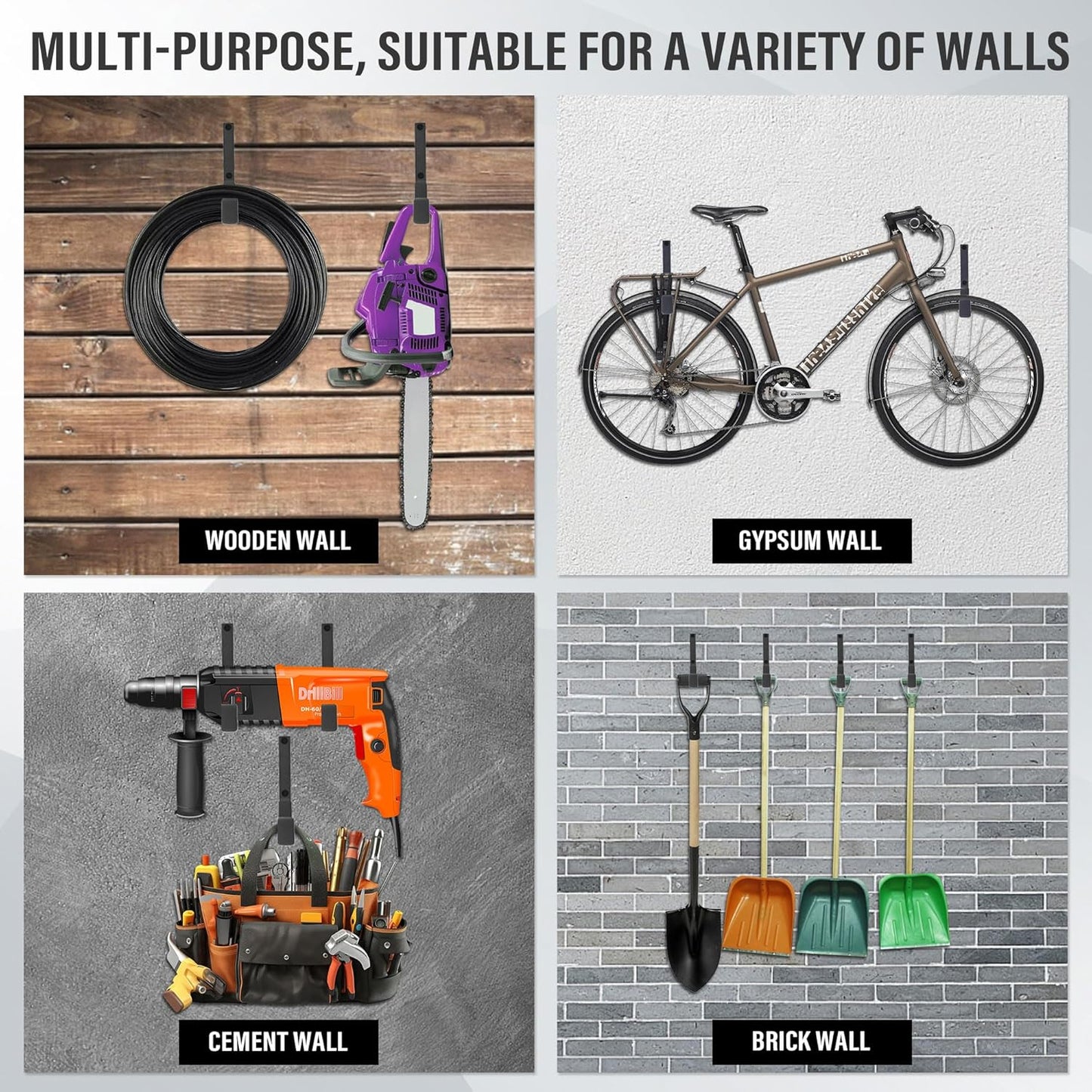 Heavy Duty Utility Hooks, Garage Storage Wall Mount Steel Hooks, Garden Tool Hanger, Garage Organizer for Tool, Ladder, Folding Chair, Hose, Ropes, Bike, etc.(4 Large, 7.7 Inches)