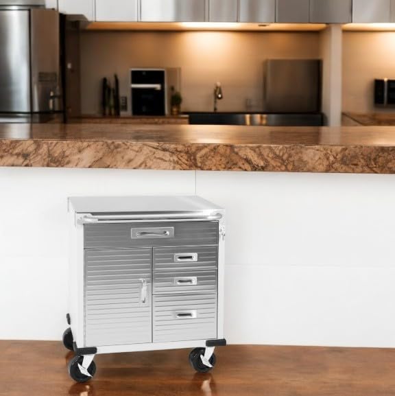 Heavy Duty Rolling Storage Cabinet with Wheels and Drawers, Workstation for Garage, Office, Workshop, (Stainless Steel Table top 1 Door, 4 Drawer), Granite