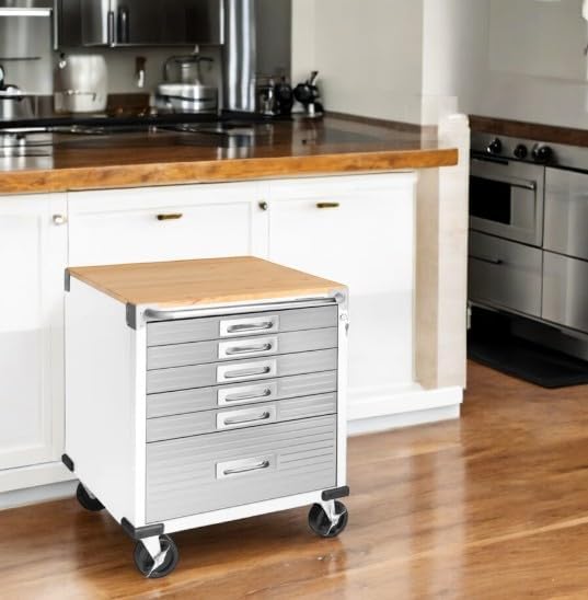 Heavy Duty Rolling Storage Cabinet with Wheels and Drawers, Workstation for Garage, Office, Workshop, 6 Drawer (28" W x 25" D x 34.5" H), White