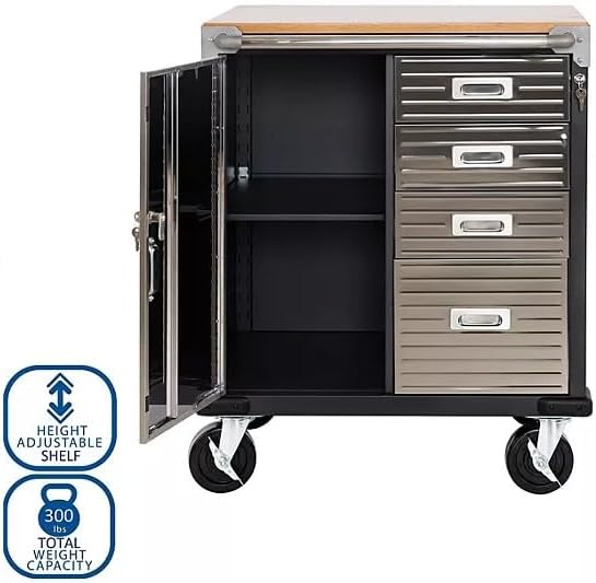 Heavy Duty Rolling Storage Cabinet with Wheels and Drawers, Workstation for Garage, Office, Workshop, 1 Door, 4 Drawer (28" W x 25" D x 34.5" H), Graphite