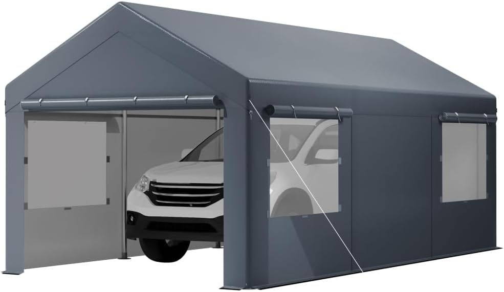 12X20 Ft Heavy Duty Carport Canopy, Portable Garage, Car Tents, Easy to Assemble, Reinforced Structure, with Hanging Edge, Applicable to Car, Bike, Boat, Party (Gray)