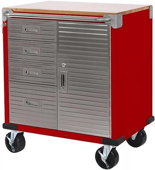 Heavy Duty Rolling Storage Cabinet with Wheels and Drawers, Workstation for Garage, Office, Workshop, 1 Door, 4 Drawer (28" W x 25" D x 34.5" H), Red