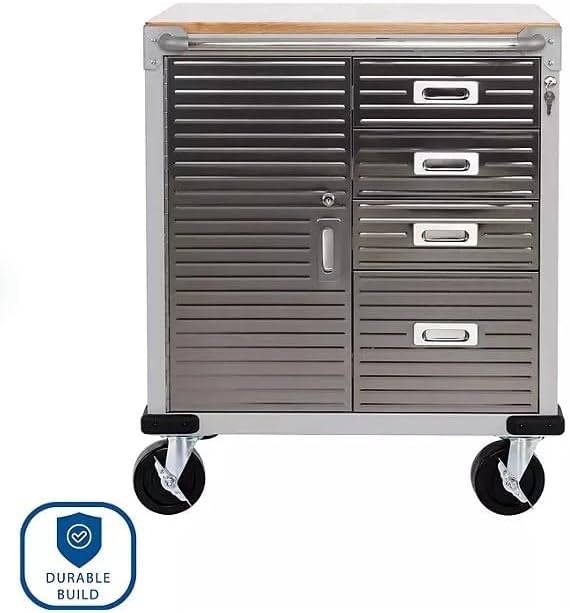 Heavy Duty Rolling Storage Cabinet with Wheels and Drawers, Workstation for Garage, Office, Workshop, 1 Door, 4 Drawer (28" W x 25" D x 34.5" H), Granite