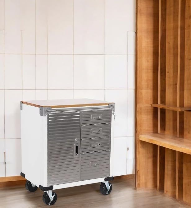 Heavy Duty Rolling Storage Cabinet with Wheels and Drawers, Workstation for Garage, Office, Workshop, 1 Door, 4 Drawer (28" W x 25" D x 34.5" H), White