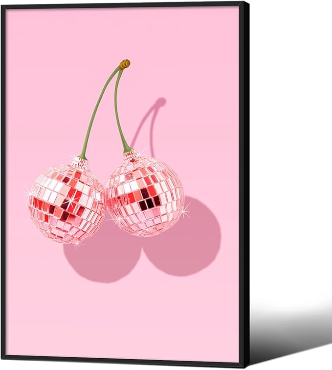 Funky Pink Cherry Poster Retro Disco Ball Canvas Wall Art 24X36 inch Black by Unknown