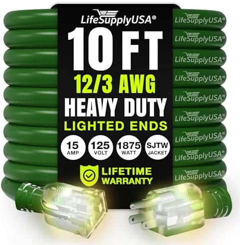 10ft Outdoor/Indoor Extension Cord 12/3 Gauge Extra Heavy Duty 3 Prong SJTW, Waterproof, Flexible Cold-Resistant Long Power Cord,15A 125V 1875W, Green by LifeSupplyUSA