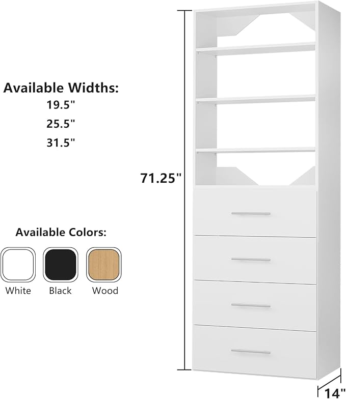 ROOMTEC Modular Closet System, 31.5" 4 Drawer Shelf Closet Tower Wall-Mounted - Image 7