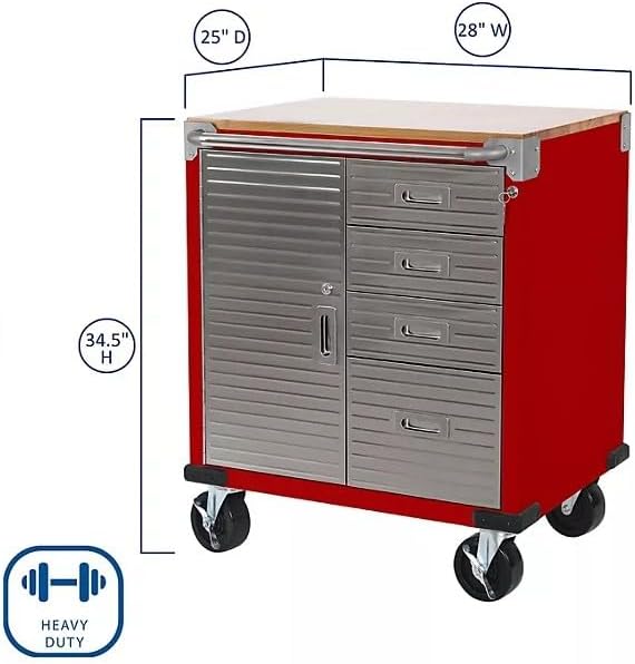 Heavy Duty Rolling Storage Cabinet with Wheels and Drawers, Workstation for Garage, Office, Workshop, 1 Door, 4 Drawer (28" W x 25" D x 34.5" H), Red