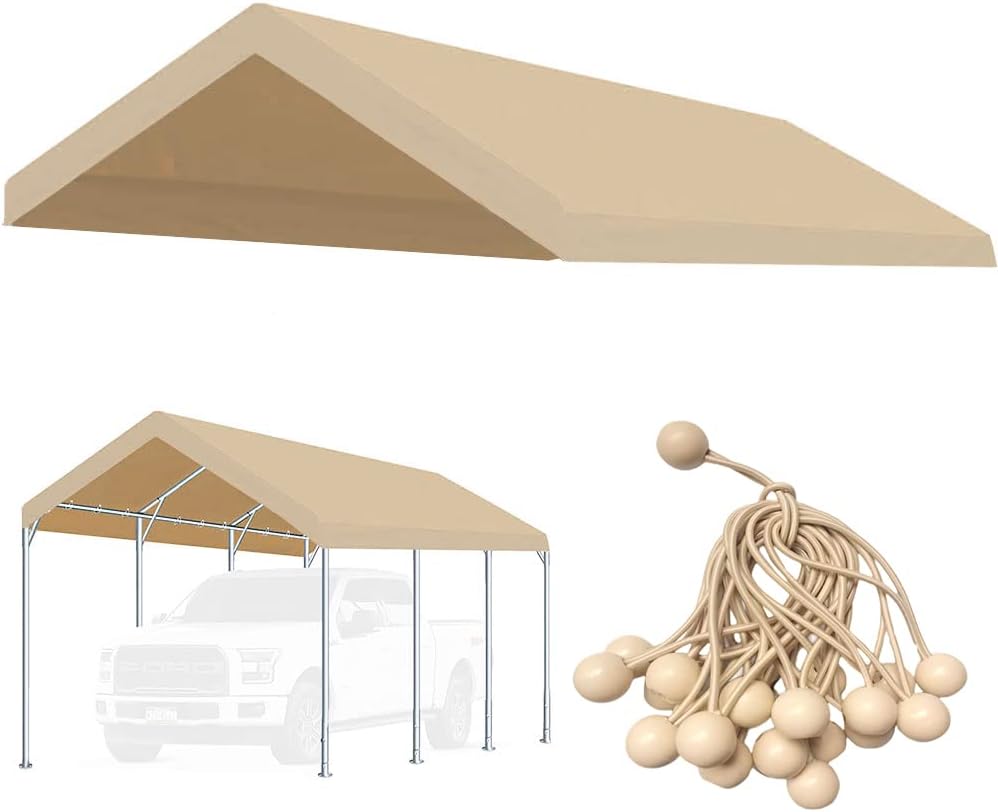 12'x20' Upgraded Carport Replacement Top Canopy Cover for Car Garage Shelter Tent Party Tent with Ball Bungees Beige (Only Top Cover, Frame is not Included)