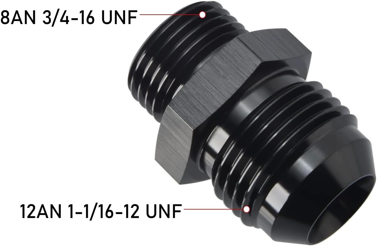 12AN Male Flare to 8AN 8 ORB O-ring Boss Fuel Rail Adapter Fitting Aluminum Black, Pack of 2