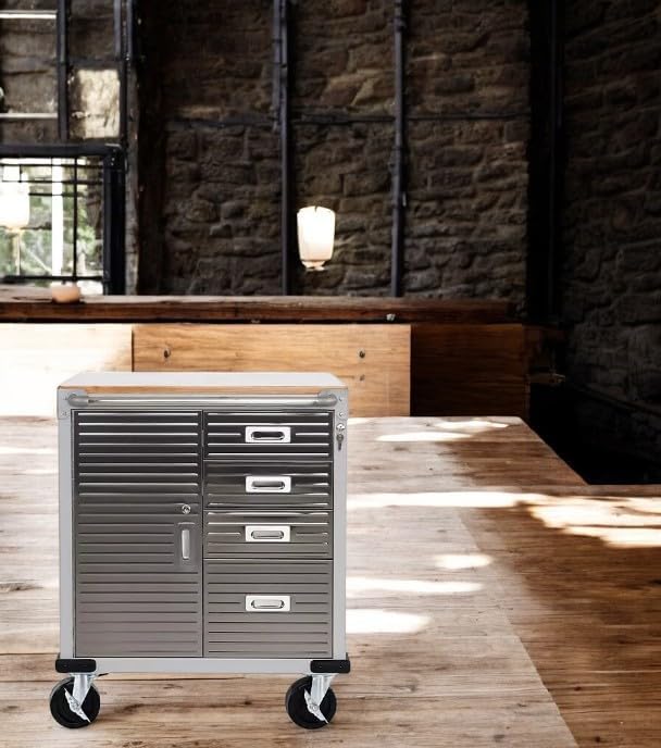 Heavy Duty Rolling Storage Cabinet with Wheels and Drawers, Workstation for Garage, Office, Workshop, 1 Door, 4 Drawer (28" W x 25" D x 34.5" H), Granite