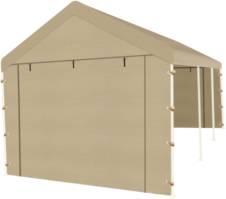 10x20 Carport Replacement Sidewall, Front Panel Canopy Entrance Panel with Zippers and Elastic Ball Bungees, 180G PE Waterproof & UV Protected Replacement Sidewall Cover, Beige