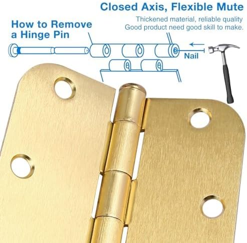 12 Pack Interior Door Hinges Brushed Brass 3.5 inch X 3-1/2" 5/8 Radius,3 ½"Satin Gold Round Standard Hinge for Single Doors DIY Assembly Bifold Table Hardware Kit House Accessories Home Eseentials