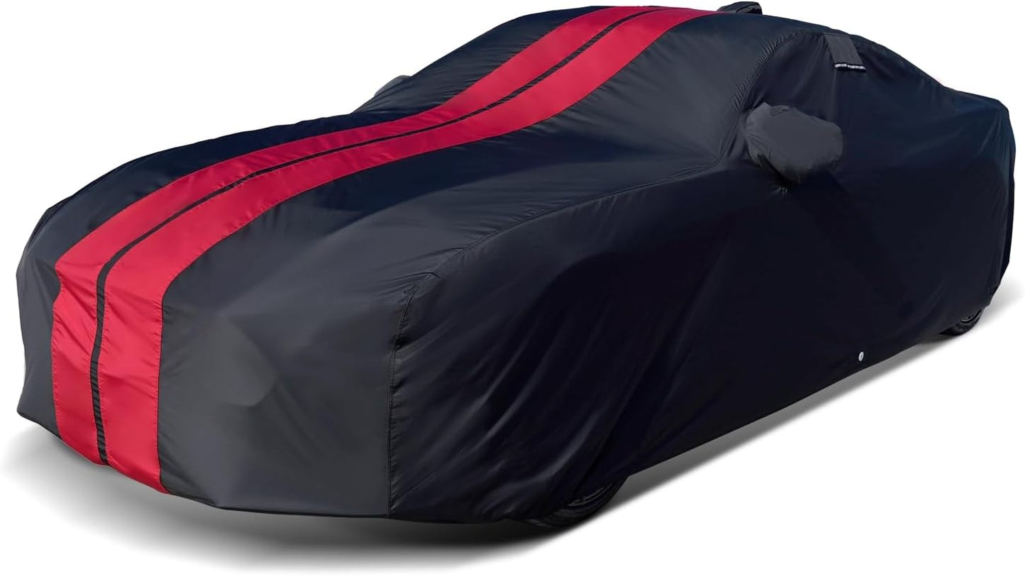iCarCover Custom Car Cover for Pontiac G6 (2005-2010) Waterproof All-Weather Rain Snow UV Sun Protector Full Exterior Indoor Outdoor Car Cover (Stripe - Black/Red)