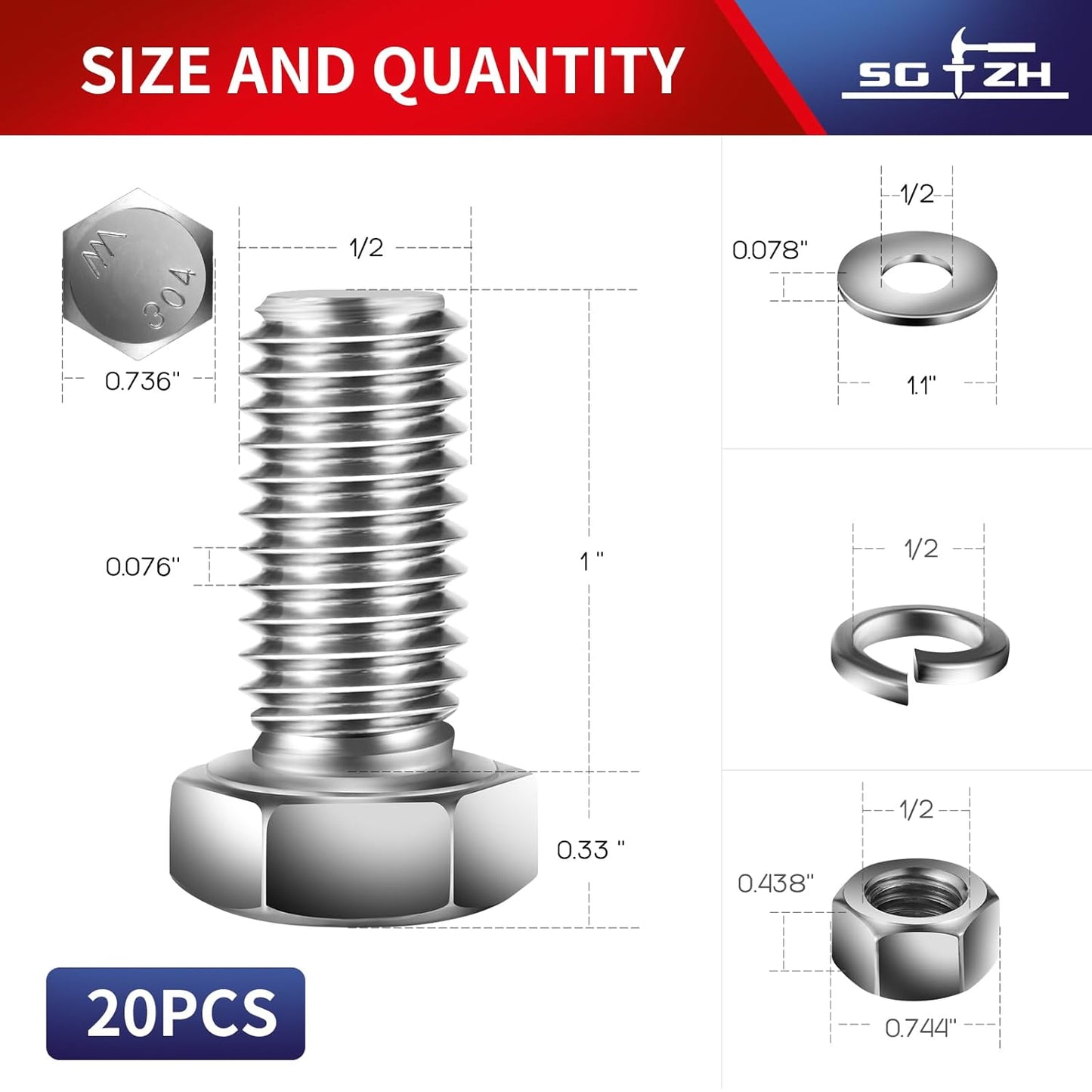 1/2-13 x 1" Hex Head Screw Bolt, Nuts, Flat & Lock Washers, 20Pcs 18-8 (304) Stainless Steel, Fully Threaded, by SG TZH