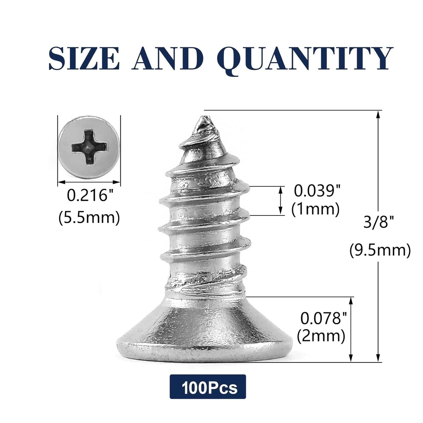 #4 x 3/8" Wood Screw 100Pcs 18-8 (304) Stainless Steel Screws Flat Head Phillips Fast Self Tapping Drywall Screws by SG TZH