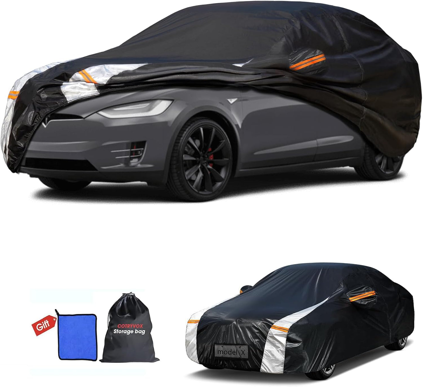 12-Layer Custom Fit Car Cover for Tesla Model X (2015-2025), Upgraded Waterproof All-Weather Full Exterior Cover with Door Zipper, for Snow Rain Dust and Sun UV Protection-Black.