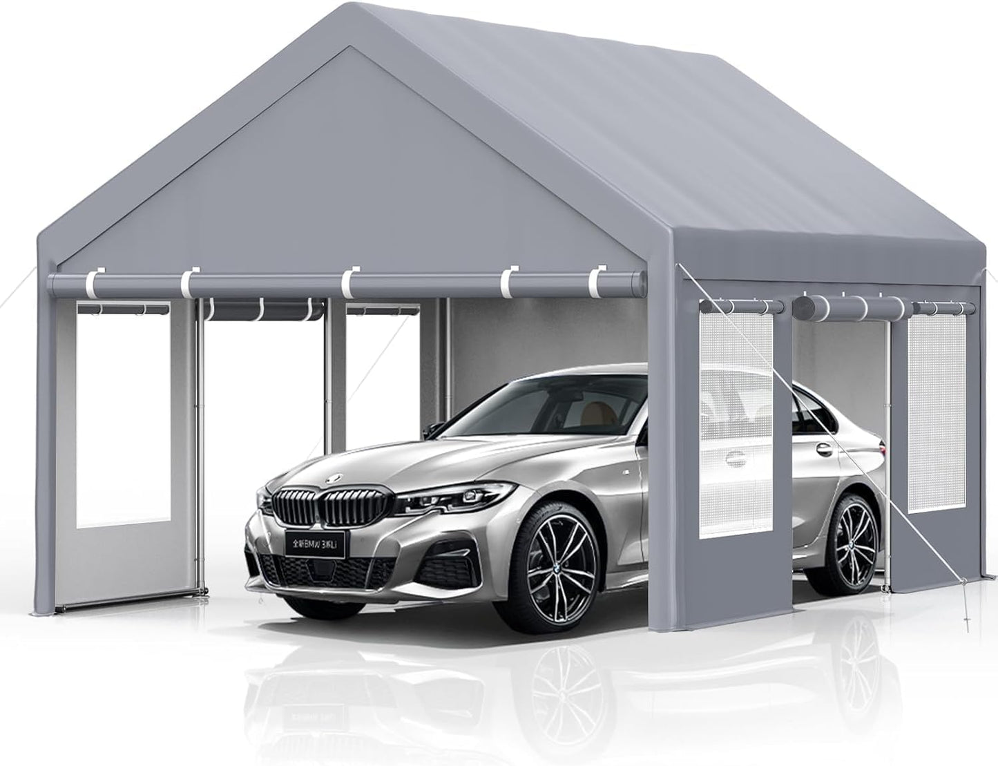 13x20 Ft. Metal Carport Garage with PE Fabric and Galvanized Steel Frame Outdoor Shelter for Cars, Trucks and Boats with 4 Doors and Mesh Windows for Ventilation - Grey
