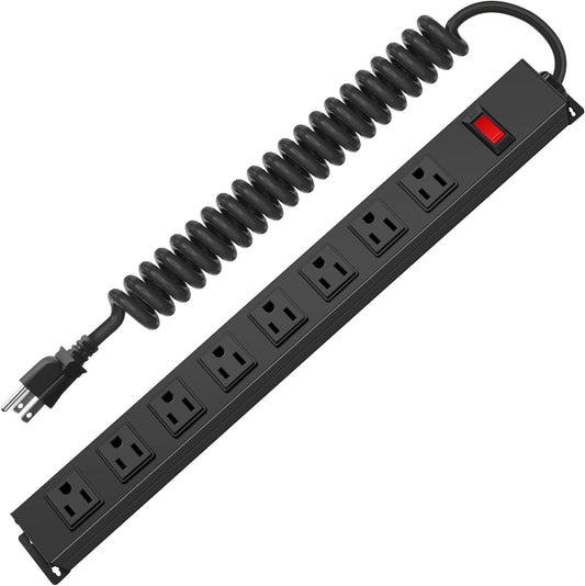 HHSOET 8 Outlet Metal Wall Mount Power Strip, Mountable Outlet with Switch, Heavy Duty Wide Spaced Surge Protector, 10 FT SJT 14AWG Black Spring Cord.