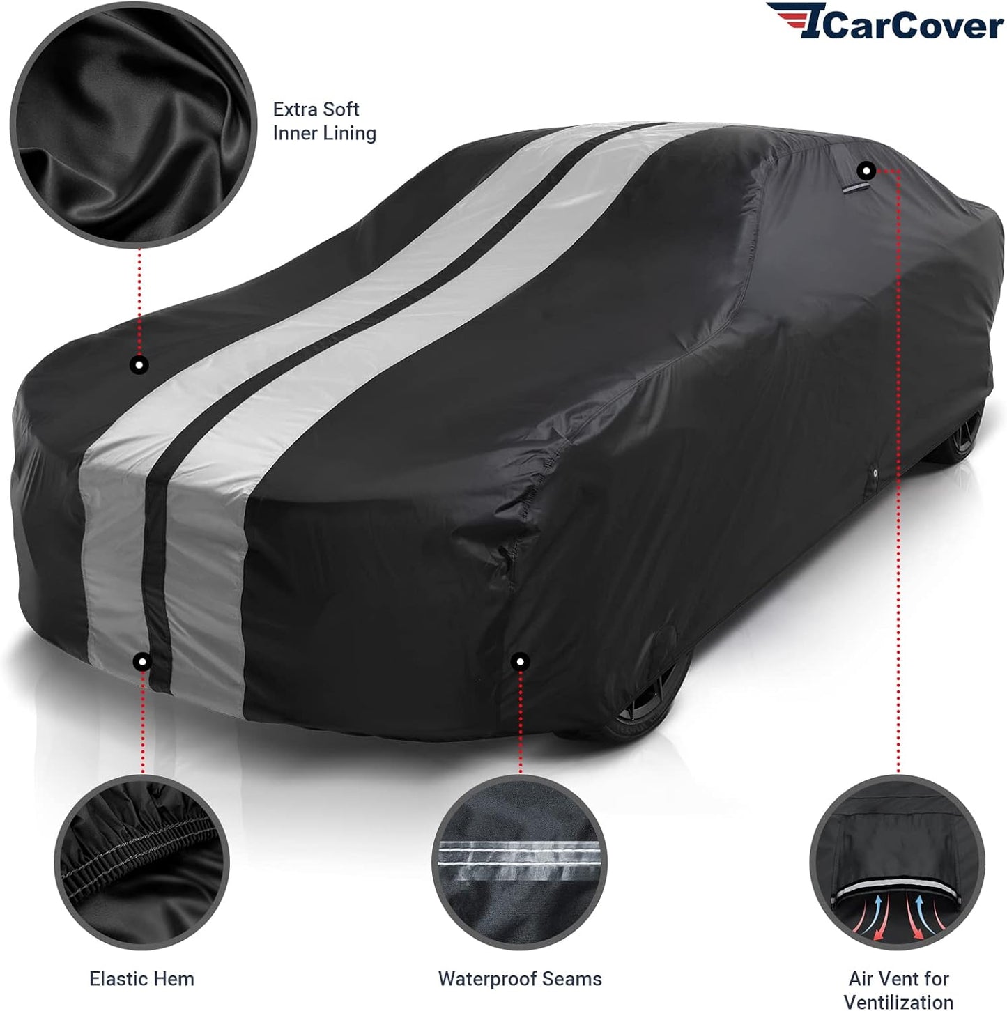 iCarCover Custom Car Cover for 1969-1973 Ford Mustang Waterproof All Weather Rain Snow UV Sun Protector Full Exterior Indoor Outdoor Car Cover (Stripe - Black/Gray)