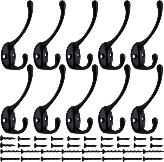 IBosins 10 Pack Heavy Duty Dual Coat Hooks Wall Mounted with 40 Screws Retro Double Hooks Utility Black No Rust Hooks for Coat, Scarf, Bag, Towel, Key, Cap, Cup, Hat (Black)