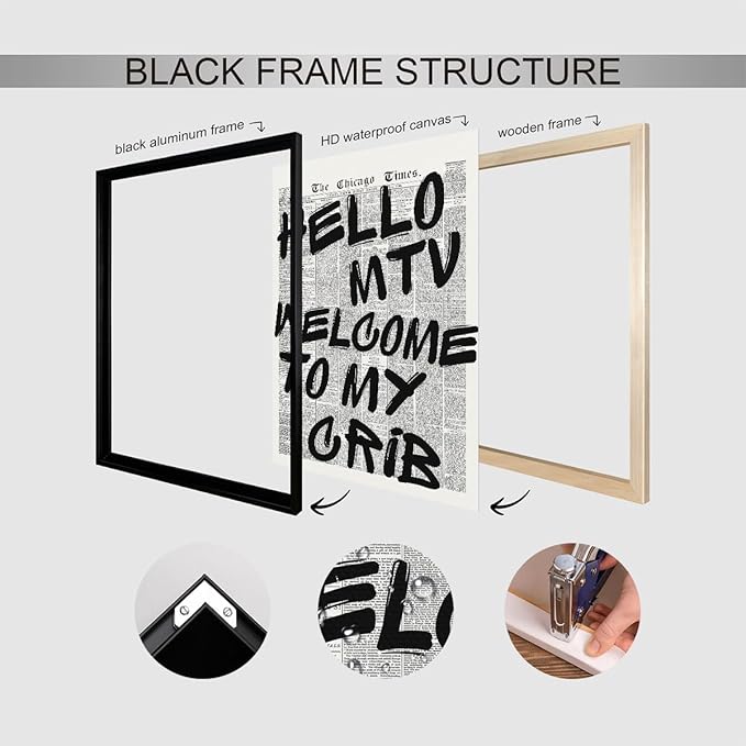 Hello MTV Welcome To My Crib Quote Poster, Vintage Black White Newspaper Canvas - Image 3