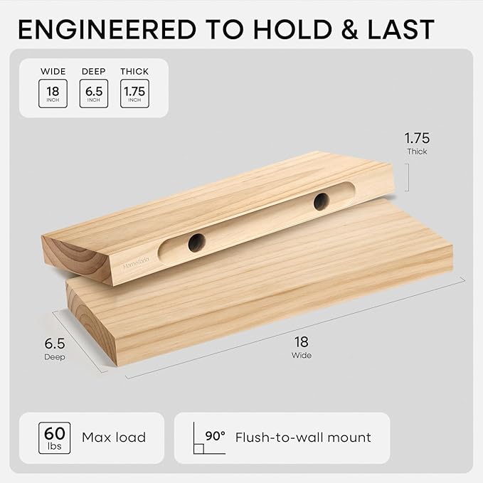 Homeforia 18 inch Natural Floating Shelf, High End Solid Real Wood 18inch Small - Image 2