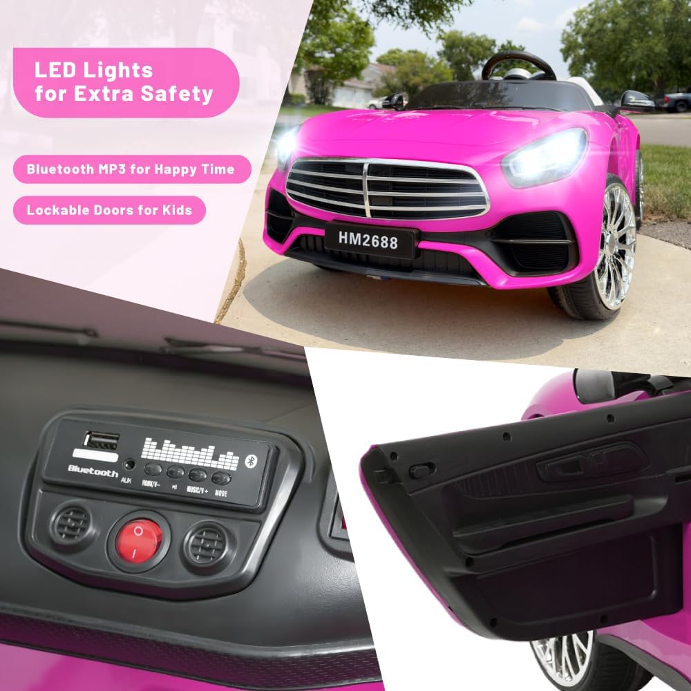 12V Ride On Car for Kids, Electric Car with Remote Control, Bluetooth Music Player for 3-8 Year Old, Pink