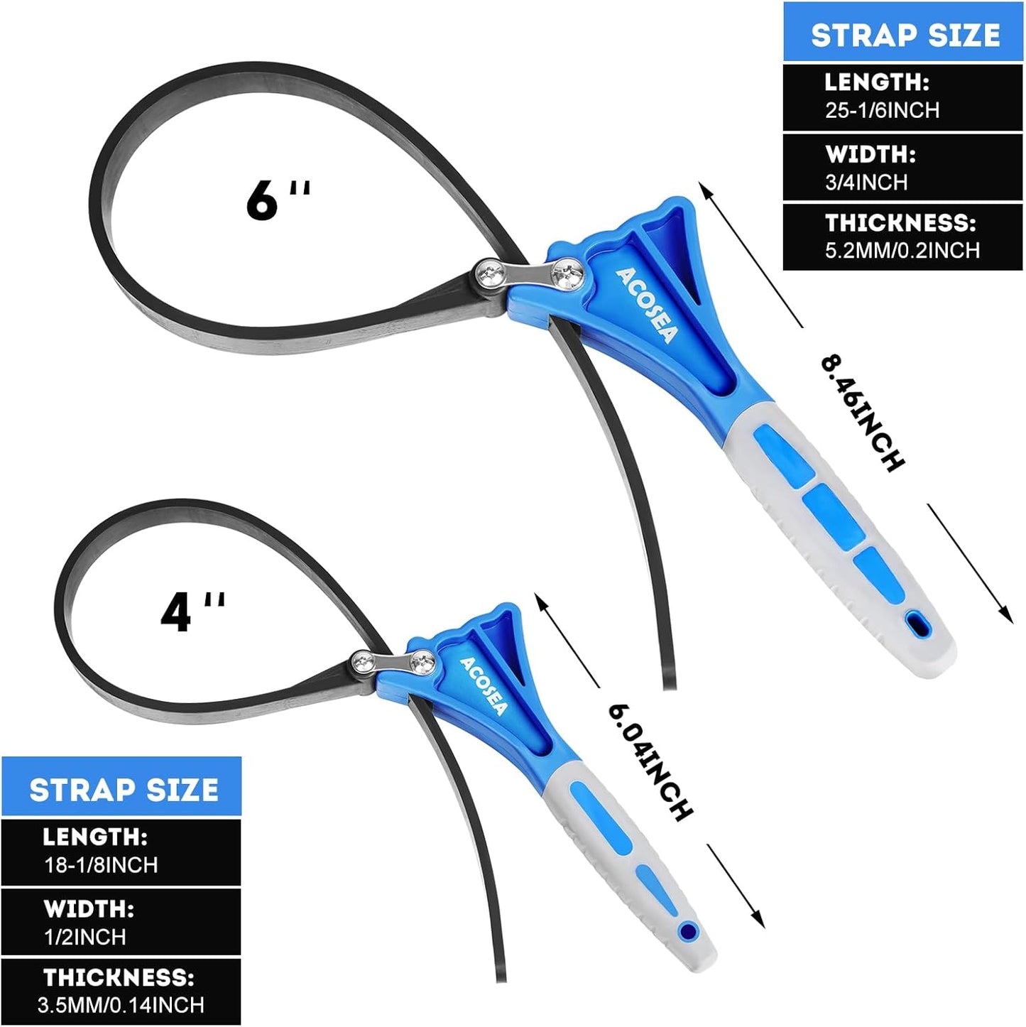 2-Pack Strap Wrench, 6" and 4" Rubber Strap, Adjustable Blet Jar Opener, Water Filter Plumbing Faucet Tool