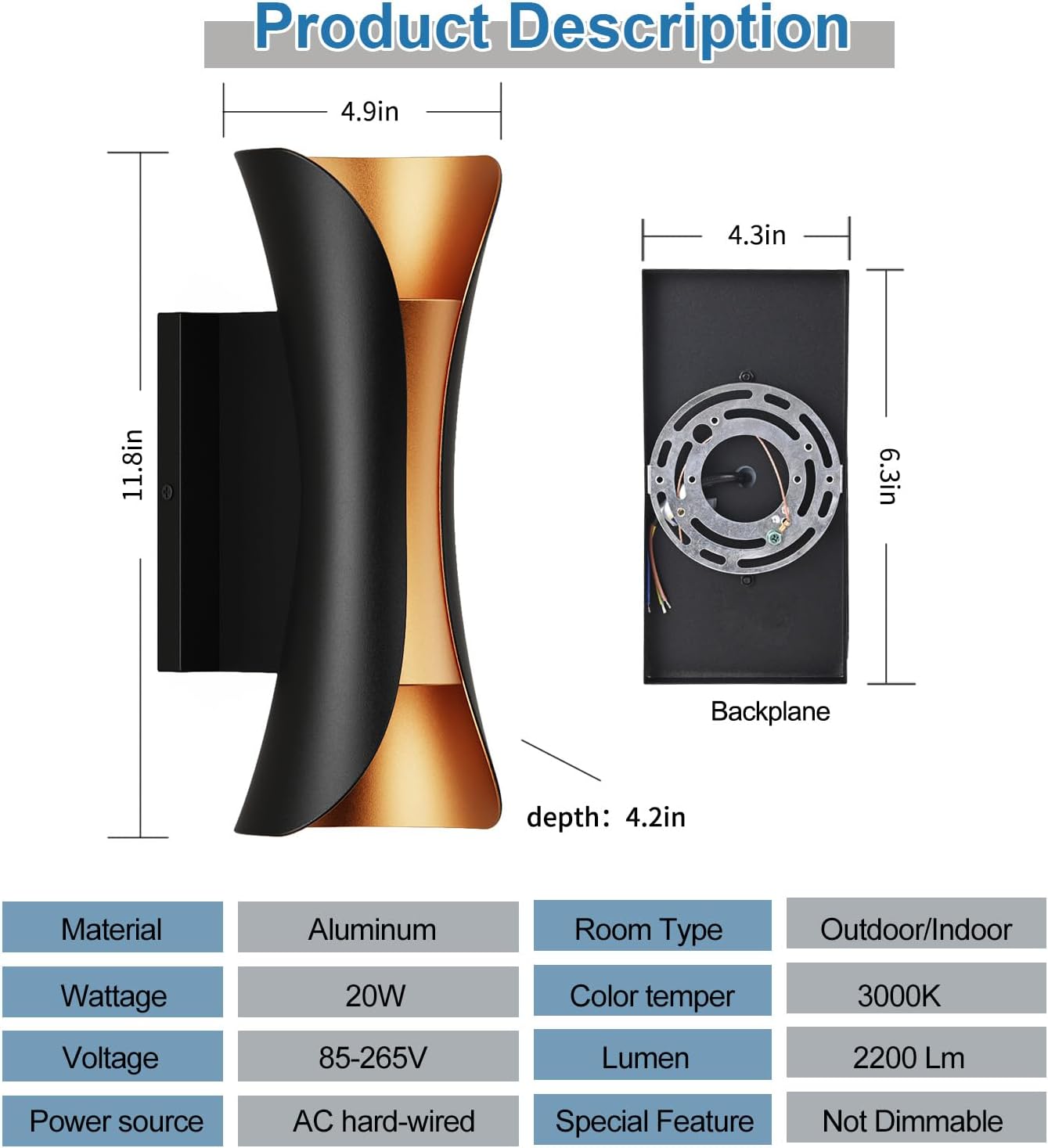2-Pack Outdoor Wall Light LED 20W (H) 11.8in Aluminum - Black Gold Waterproof Exterior Lighting Fixture,3000K Warm,Up Down Porch Sconces Brightens to Patio,Garage,Front Door