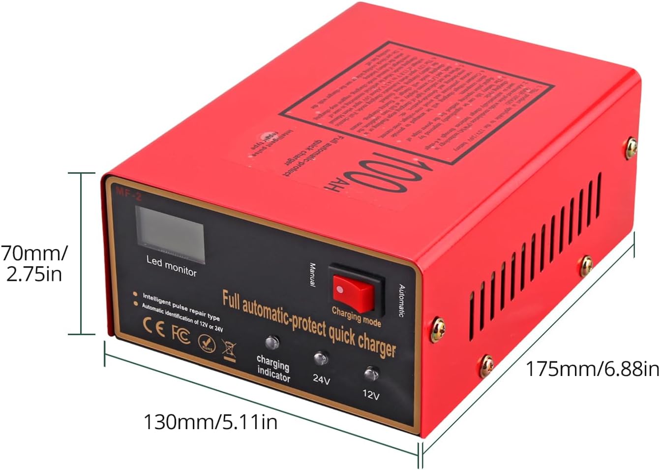 12/24V Battery Charger 10A/7.5A Smart Adjustable Car Battery Charger with Upgraded Cable Clamps, Smart Trickle Charger,Battery Maintainer for Car RV (red)