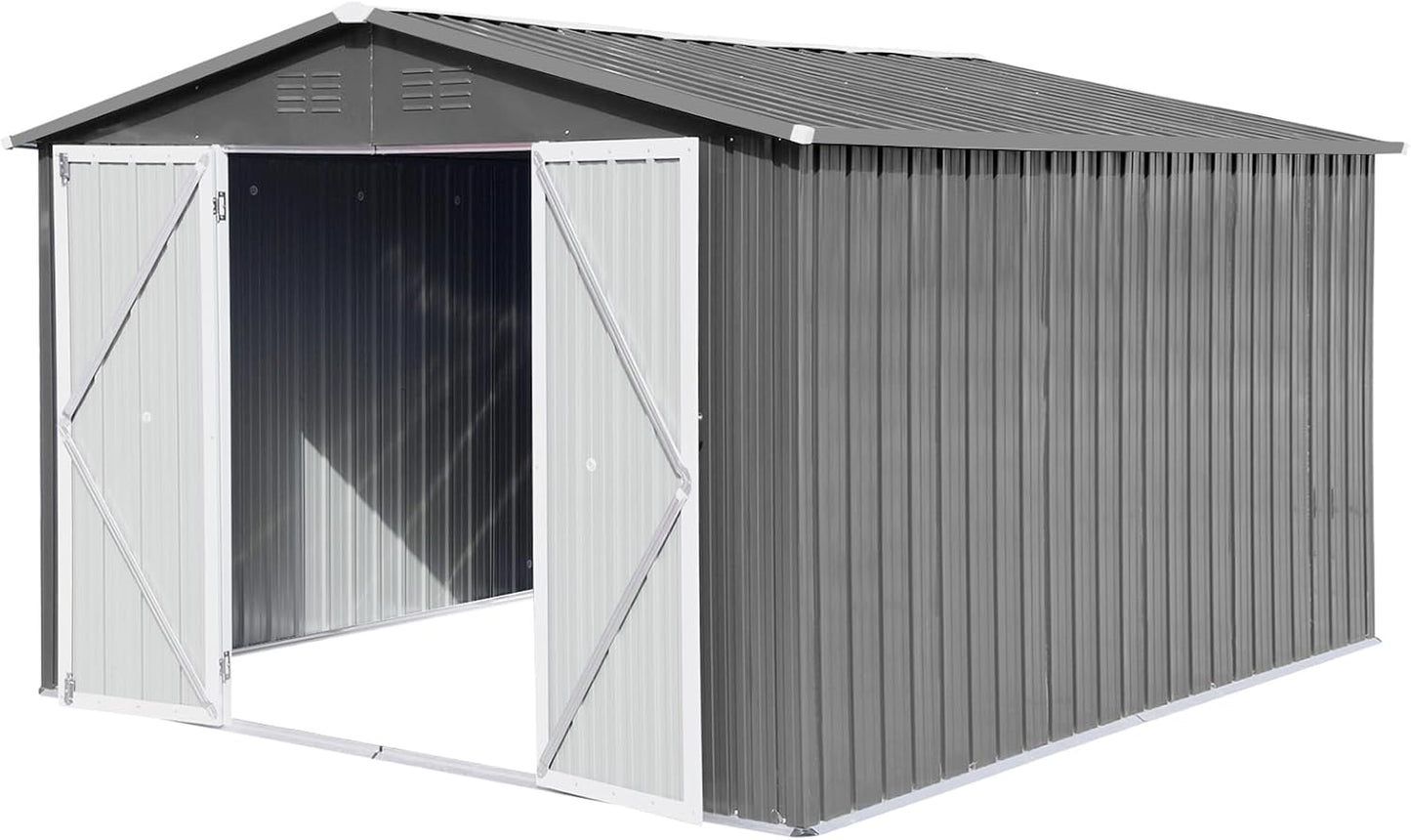 12 x 10 FT Metal Garden Shed, Outdoor Storage Shed with Heavy-Duty Steel Construction, Built-in Punched Vents & Hinged Door, Free Padlock for Secure Backyard, Patio & Garage Storage, Grey