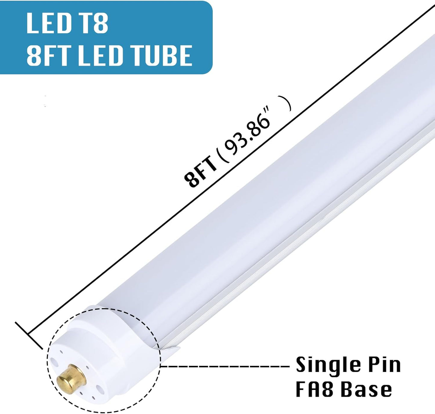 12-Pack, 8 Foot LED Bulbs, 100W 15000lm 6000K Cold White, Super Bright, T8 T10 T12 LED Tube Lights, FA8 Single Pin LED Lights, Frosted Cover, 8 Foot LED Bulbs to Replace Fluorescent Light Bulbs