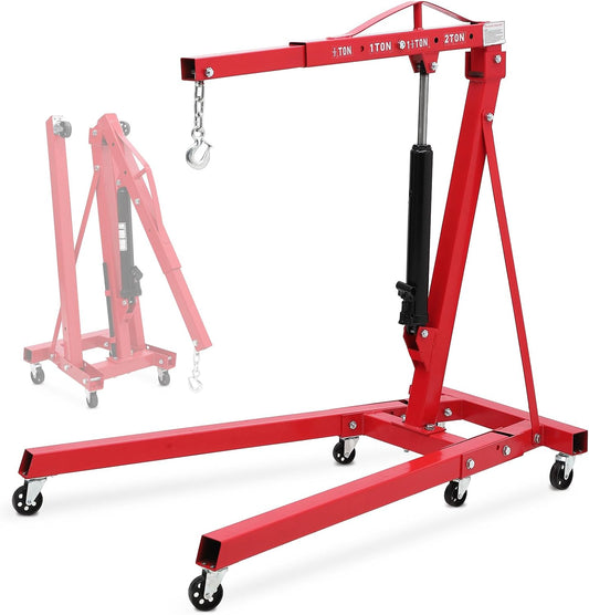 2 Ton Engine Hoist, Folding Cherry Picker Engine Hoist with Lever and 6 Casters, 4400lbs Heavy Duty Hydraulic Shop Crane, Engine Crane Lifter for Workshops Garage Warehouse