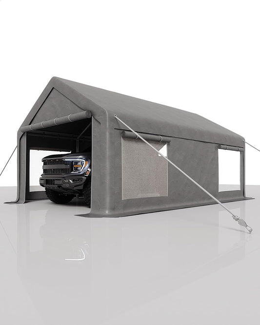 10x20 Ft Carport, Car Port with 200g PE Tarp, Roll-Up Doors, and 4 Windows, for Sedans, Bass Boats, Motos, ATVs, and SUVs, Gray