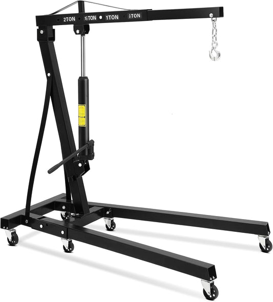 2 Ton Engine Hoist, Hydraulic Cherry Picker Engine Hoist Lift, 4400LBS Heavy Duty Crane Lifter with 6 Casters and Telescopic Boom, Foldable & Portable Design, for Garage, Workshop, Warehouse (Black)