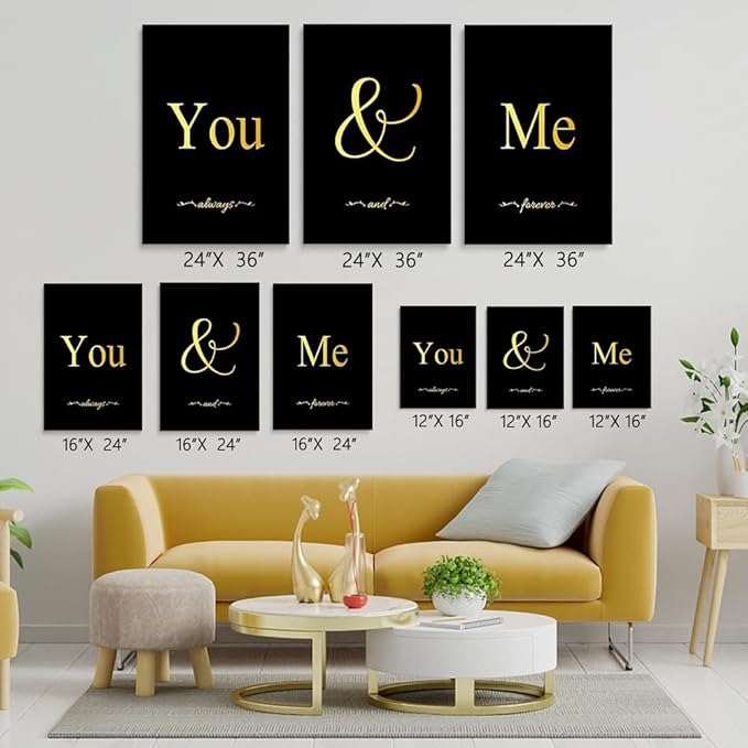 GUBIYU Black and Gold Bedroom Art Love Wall Decor You and Me Word Canvas Poster - Image 2