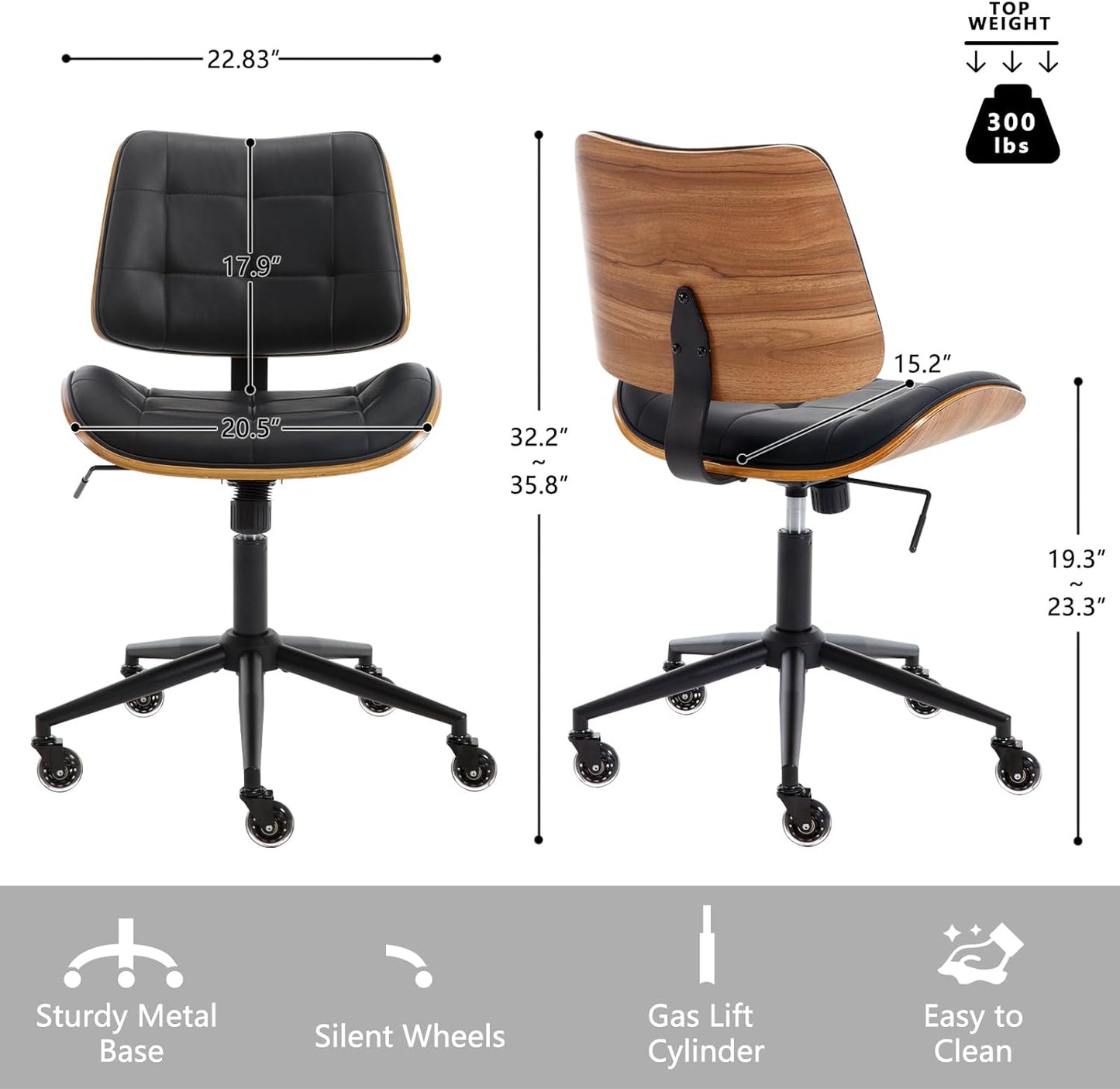 Home Office Desk Chair with Wheels, Adjustable Height Armless Office Chair, PU Leather Mid Back 360° Small Computer Chair, Modern Walnut Chair No Arms for Office, Reading Meeting Room(Black)