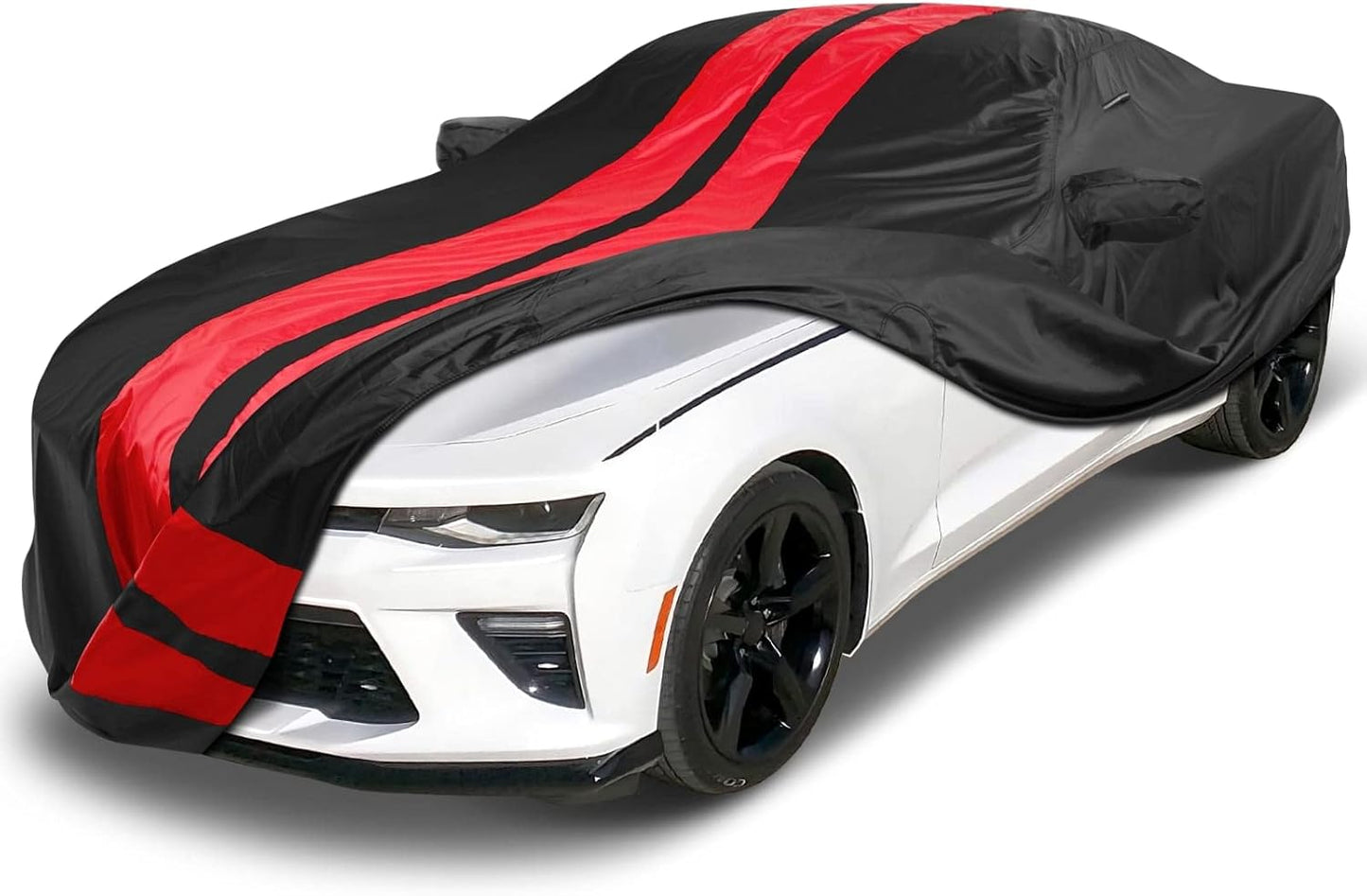 iCarCover Custom Car Cover Compatible with Camaro 2010-2023, Waterproof All Weather Rain Snow UV Sun Protector Full Exterior Indoor Outdoor Car Covers, Stripe (Black/Red)