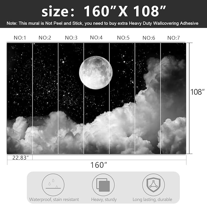 -Gray Galaxy Universe Moon Fabric Wallpaper Ceiling Starry Night White Clouds - Image 4