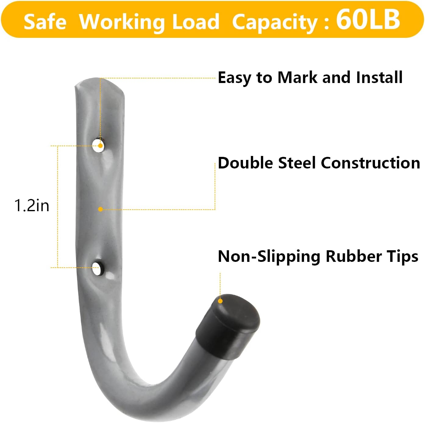 HOME MASTER HARDWARE 12 Pack 4-Inch Heavy Duty Garage Storage Wall Hooks, Steel J Utility Hooks for Hanging Ladders, Tools, Bikes, Grey