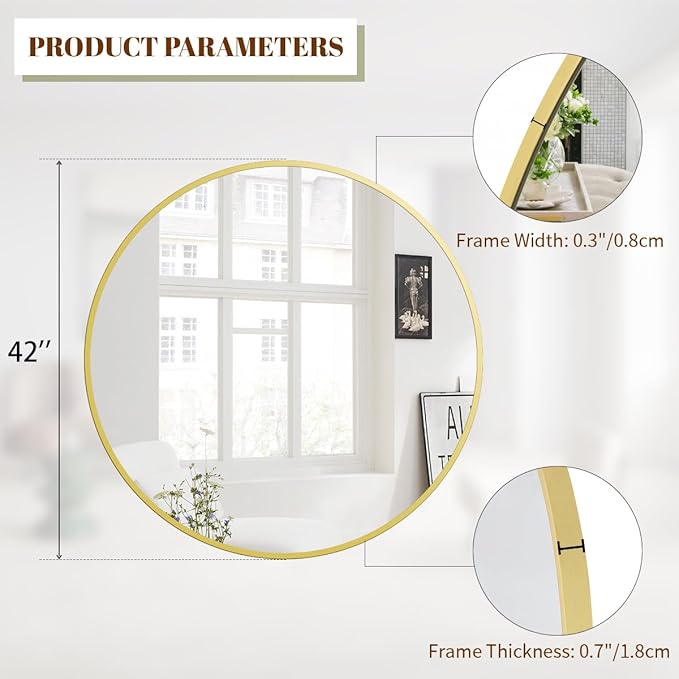 BEAUTYPEAK 42 Inch Round Mirror, Metal Frame Circle Mirror, Wall Mounted - Image 5