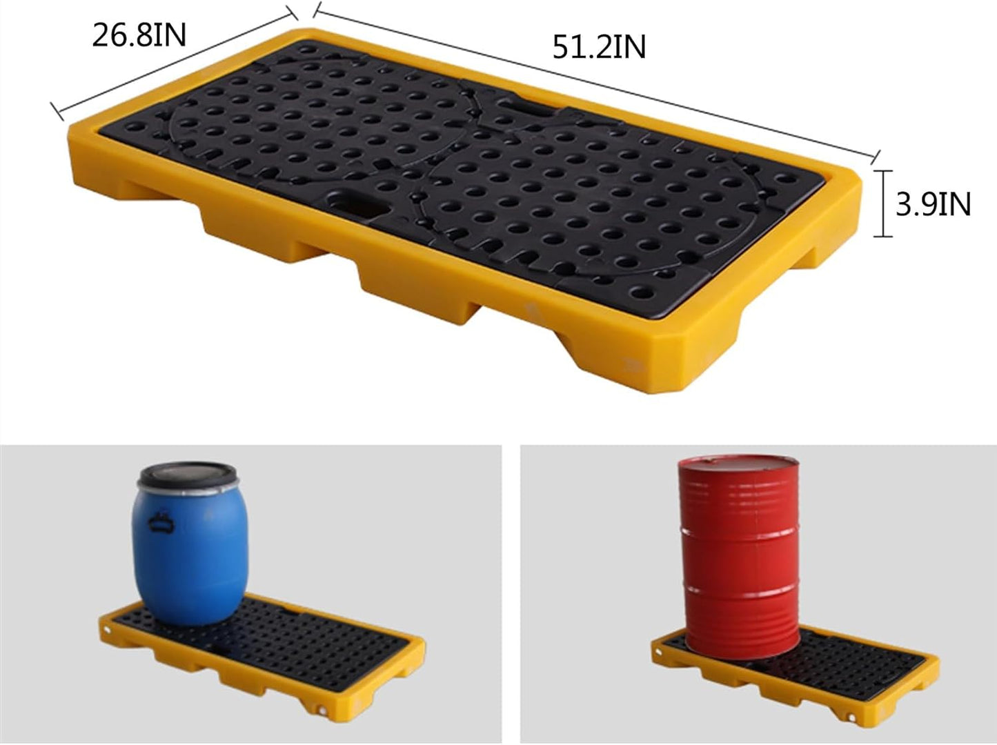 2 Drum Containment Spill Pallet, Polyethylene Low Profile Paint Bucket Tray, Industrial Garage Storage Detachable Shipping Leakproof Platform (Color : Yellow-1 Pack, Size : 51.2"x26.8"x3.9"